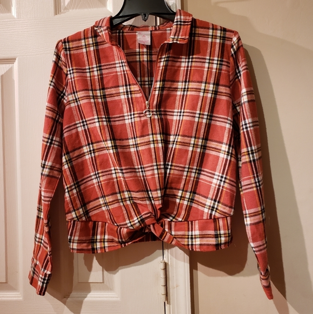 Rust Plaid Tie-Front Crop Top